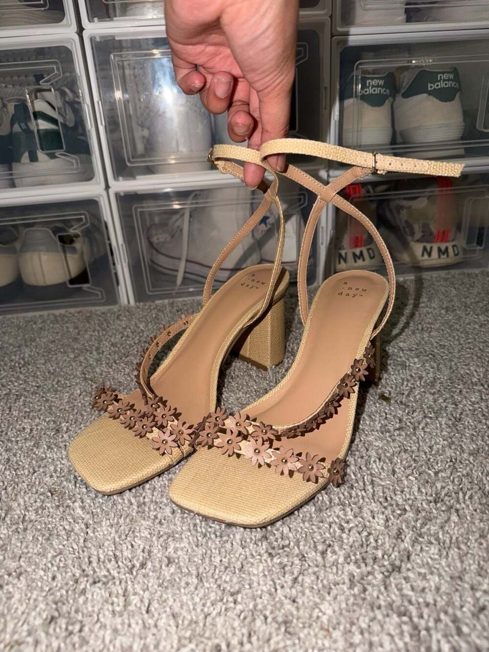 A New Day Women's Size 8 Tan Floral Embellished Ankle Strap Block Heel Sandals
